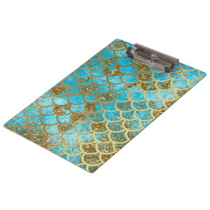 Iridescent Teal Gold Glitter Mermaid Fish Scales Clipboard