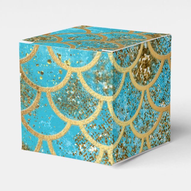 Iridescent Teal Gold Glitter  Mermaid Fish Scales Favor Box (Front Side)