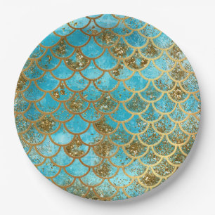 Iridescent Teal Gold Glitter  Mermaid Fish Scales Paper Plate