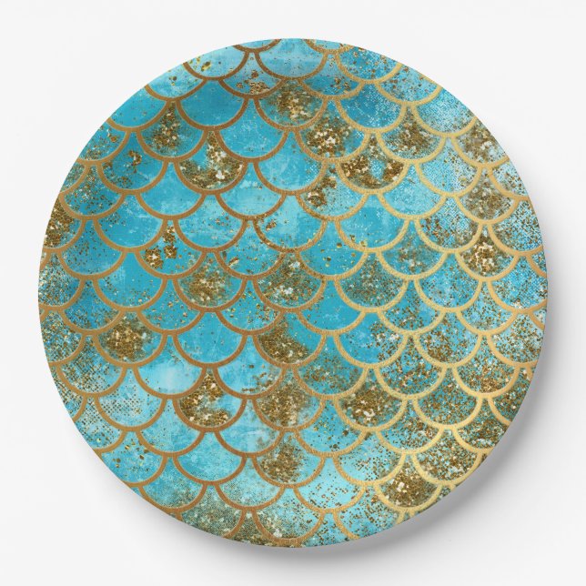 Iridescent Teal Gold Glitter  Mermaid Fish Scales Paper Plate (Front)