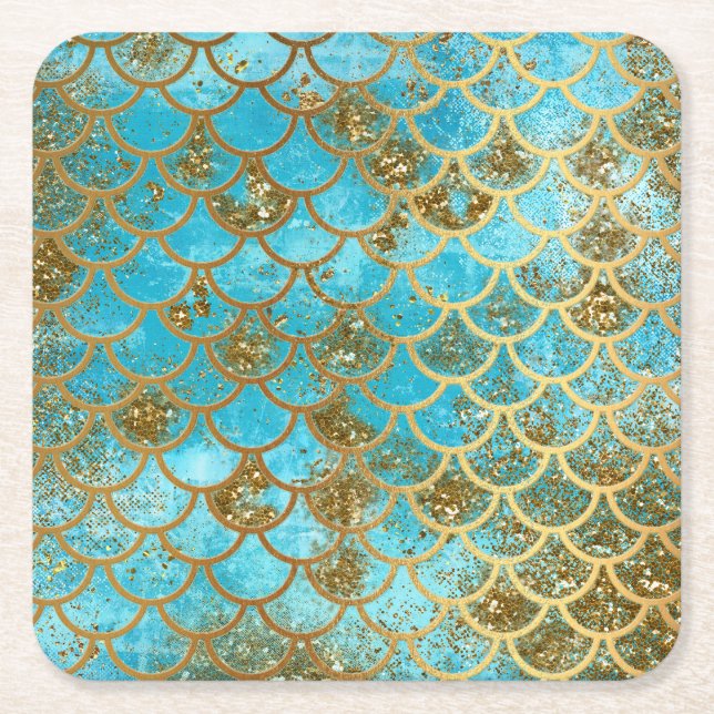 Iridescent Teal Gold Glitter  Mermaid Fish Scales Square Paper Coaster (Front)