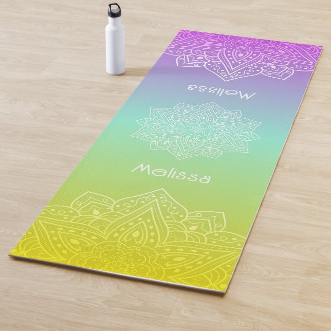 Iridescent Teal Rainbow Gradient Mandala With Name Yoga Mat (In Situ)