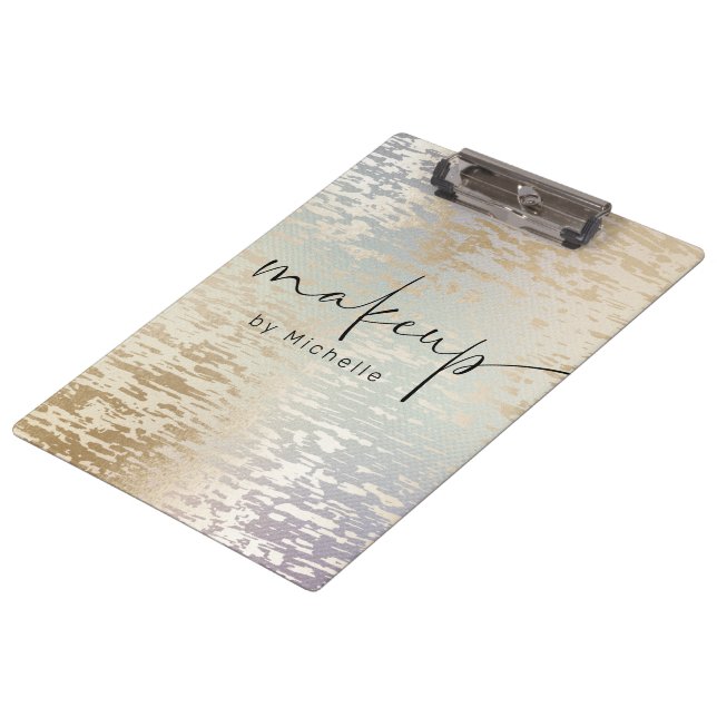 Iridescent Textured Modern Script Makeup Monogram Clipboard (Angled)