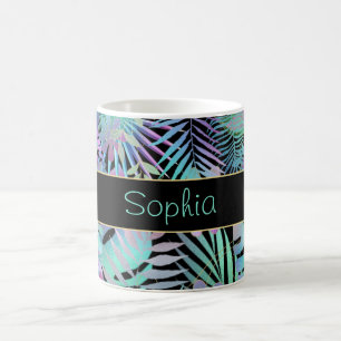 Iridescent Tropical Leaves, DIY Teal Name, Black Coffee Mug