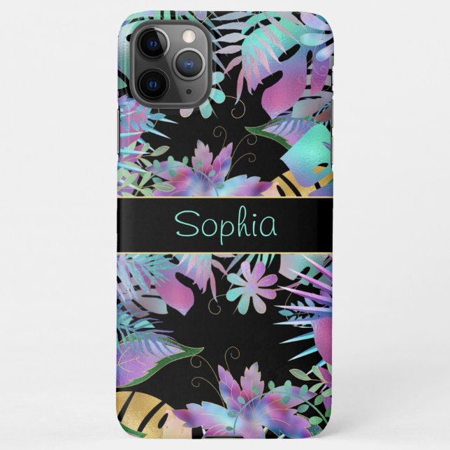 Iridescent Tropical Leaves, DIY Teal Name, Black iPhone Case (Back)
