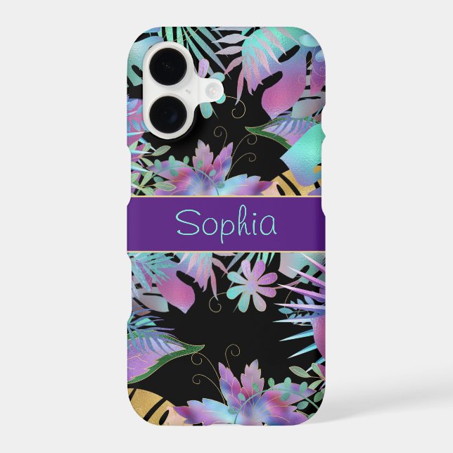 Iridescent Tropical Leaves, DIY Teal Name, Vs 2 iPhone Case (Back)