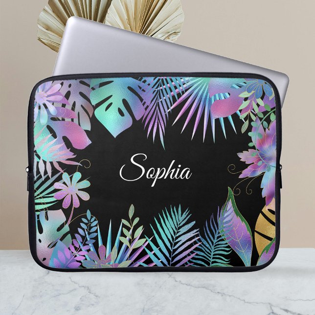 Iridescent Tropical Leaves, DIY White Name, Black Laptop Sleeve (Creator Uploaded)