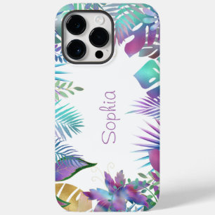 Iridescent Tropical Leaves, Purple Name, White Case-Mate iPhone 14 Pro Max Case