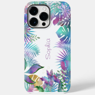 Iridescent Tropical Leaves, Purple Name, White iPhone 14 Pro Max Case