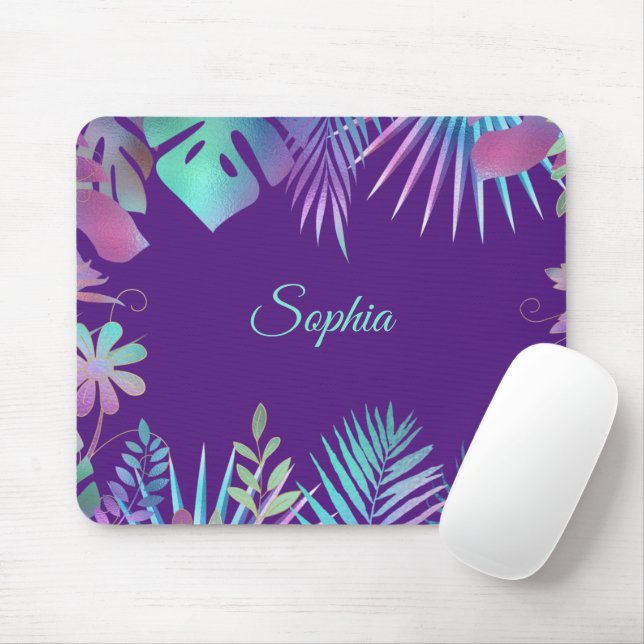 Iridescent Tropical Leaves, Teal Name on Purple Mouse Pad (With Mouse)
