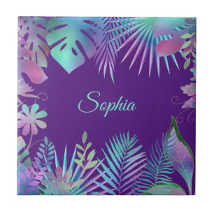 Iridescent Tropical Leaves, Teal Name on Purple Tile