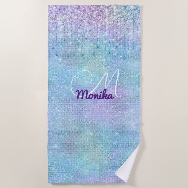 Iridescent Turquoise Silver Faux Glitter Monogram Beach Towel (Front)