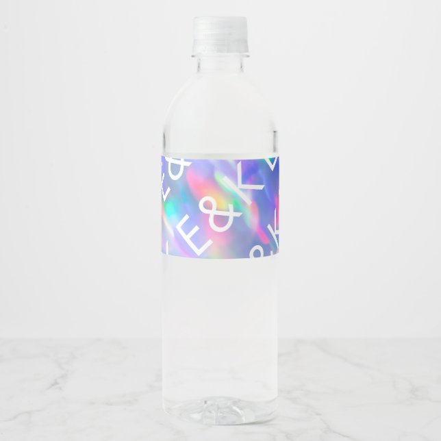 Iridescent Ultra Modern Monogram Wedding Water Bottle Label (Front)