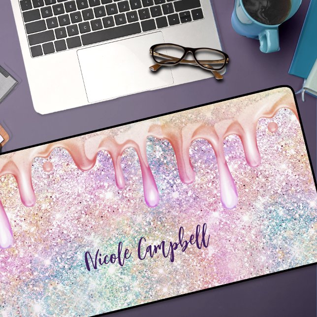 Iridescent unicorn pink faux glitter drip desk mat (Creator Uploaded)