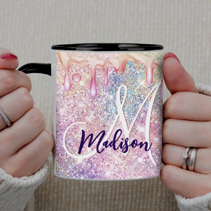 Iridescent unicorn pink faux glitter drip monogram mug