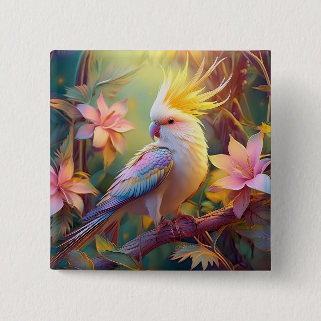 Iridescent Wing Cockatiel Fantasy Bird 2 Inch Square Button (Front)