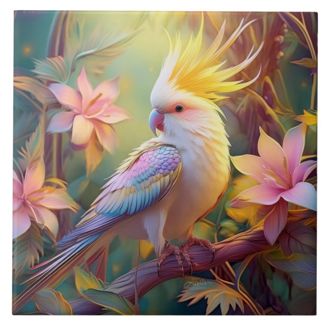 Iridescent Wing Cockatiel Fantasy Bird Tile (Front)
