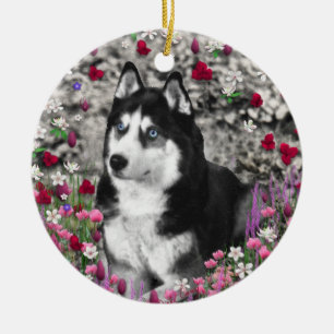 Irie the Siberian Husky in Flowers Ceramic Ornament