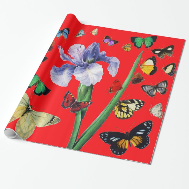 IRIS AMONG COLORFUL BUTTERFLIES Red Floral Wrapping Paper (Unrolled)
