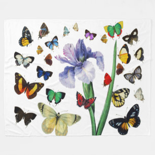 IRIS AMONG COLORFUL BUTTERFLIES White Floral Fleece Blanket