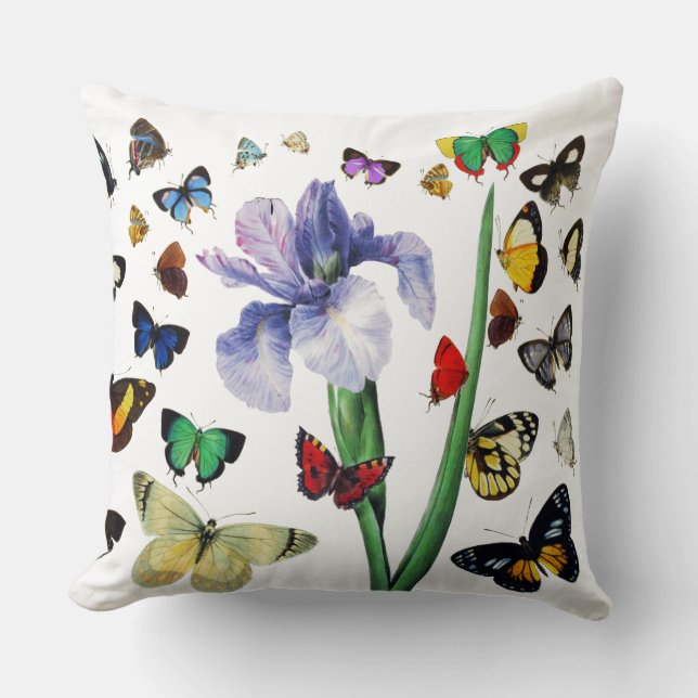 IRIS AMONG COLORFUL BUTTERFLIES White Floral Throw Pillow (Front)