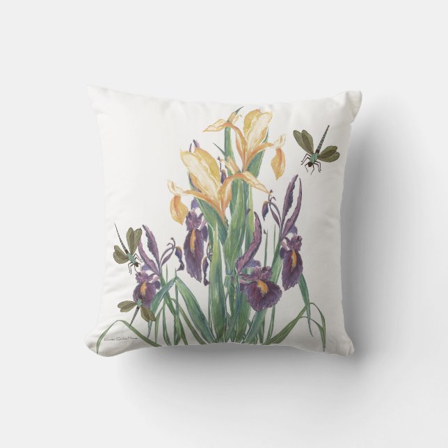 Iris and Dragonflies Outdoor Pillow (Front)