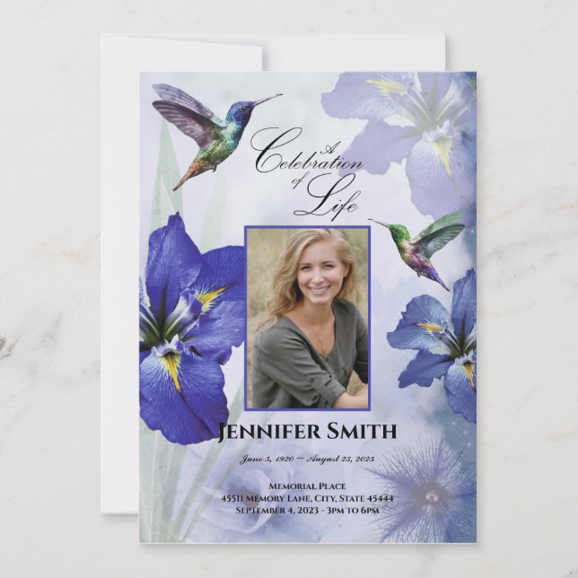 Iris and Hummingbird Celebration of Life Funeral Invitation (Front)