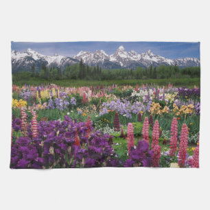 Iris and Lupine garden and Teton Range, Kitchen Towel