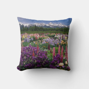 Iris and Lupine garden and Teton Range, Throw Pillow