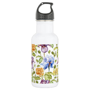 Iris and roses watercolor floral pattern 532 ml water bottle