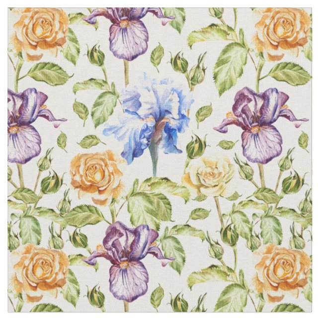 Iris and roses watercolor floral pattern fabric (Close Up)