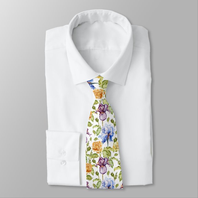 Iris and roses watercolor floral pattern tie (Tied)