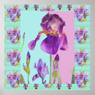 Iris Aquarelle Peinture Fleur Aqua Poster vert