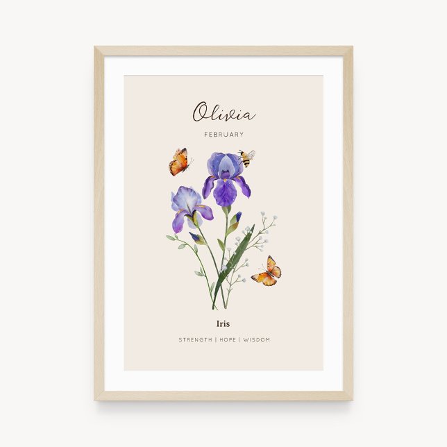 Iris Birth Month Flower Poster (Example of iris birth flower poster once framed. )
