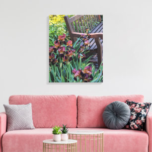 Iris Blooms and Garden Park Bench Floral Canvas Print