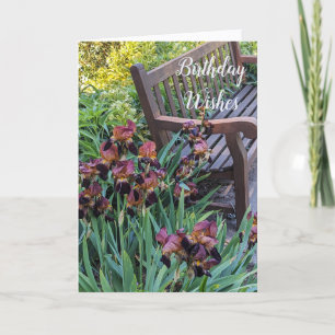 Iris Blooms and Park Bench Floral Birthday Card