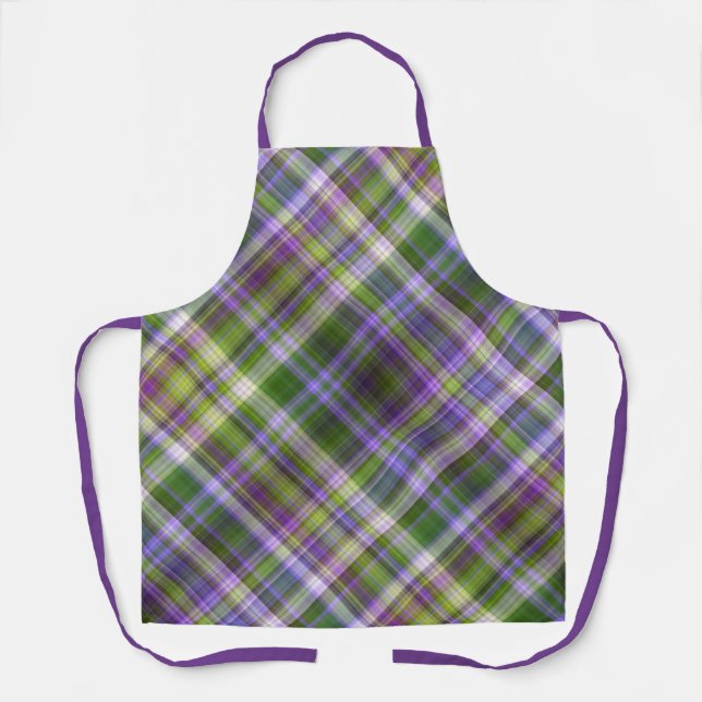 Iris Blossoms Purple and Green Plaid Apron (Front)