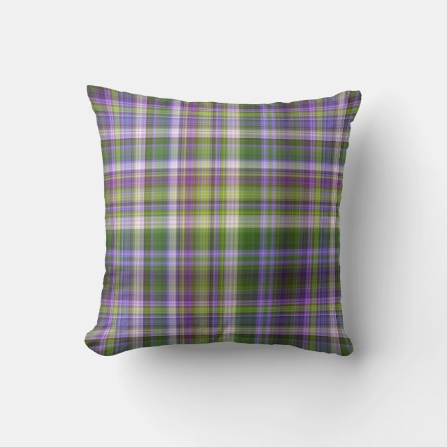 Iris Blossoms Purple and Green Plaid Throw Pillow (Front)