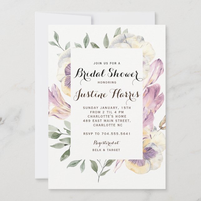 Iris Bridal Shower Invitation, pansies Invitation (Front)