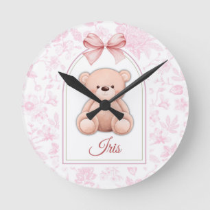 Iris Custom Pink Teddy Bear Nursery Design Round Clock