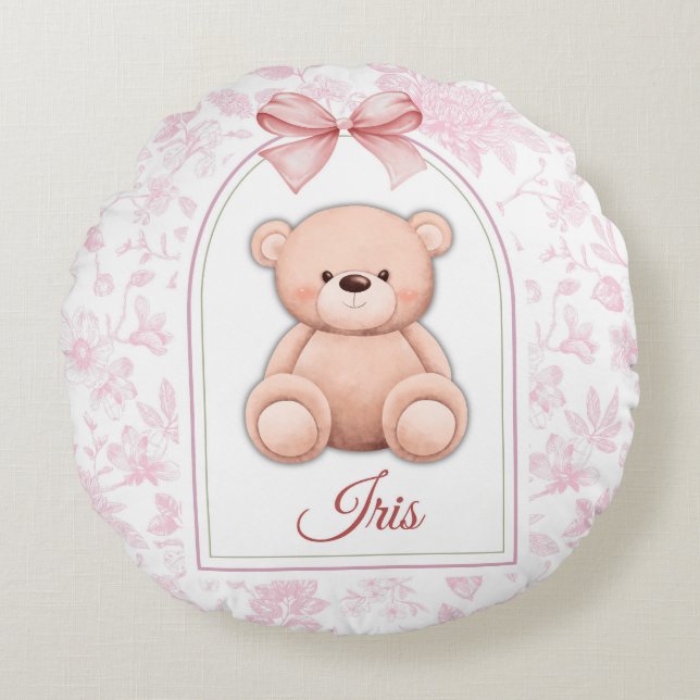 Iris | Custom Pink Teddy Bear Nursery Design  Round Pillow (Front)