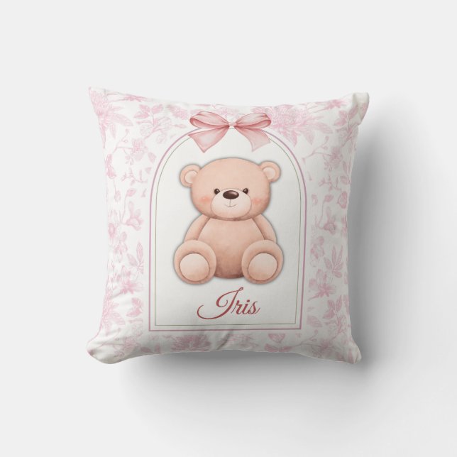 Iris | Custom Pink Teddy Bear Nursery Design  Throw Pillow (Front)
