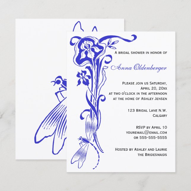 Iris & Dragonfly Royal Blue Bridal Shower Invitation (Front/Back)