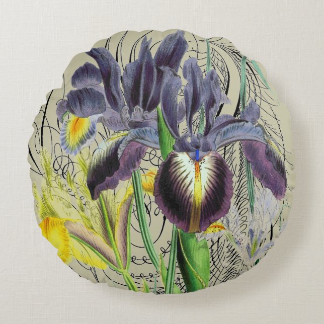 Iris Floral Fantasy 2.0 Round Neutral Round Pillow (Front)