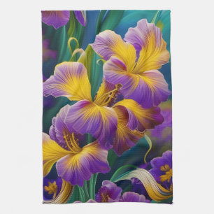 Iris Floral Purple and gold blue green leaves Kitchen Towel