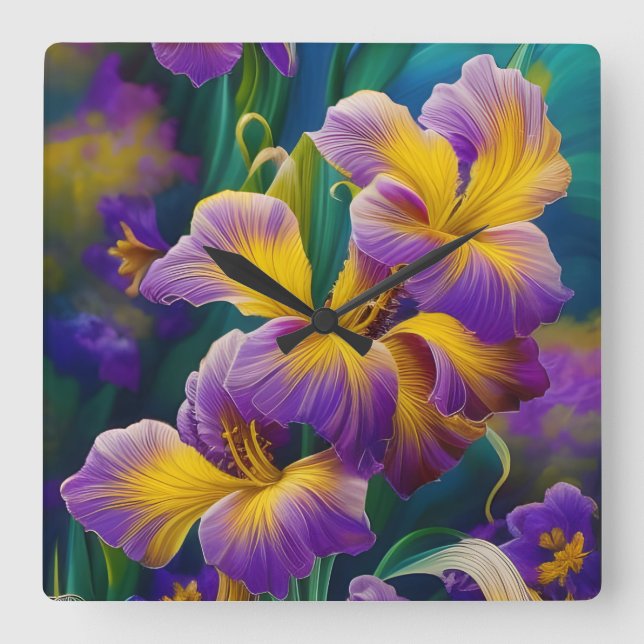 Iris Floral Purple and gold blue green leaves Square Wall Clock (Front)