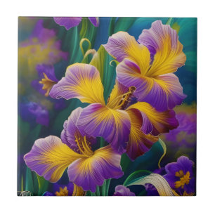 Iris Floral Purple and gold blue green leaves Tile