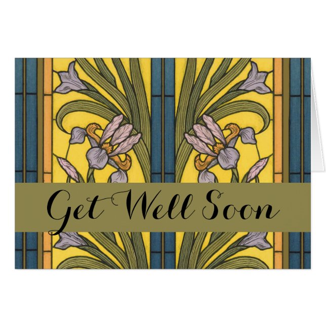 Iris Flower Art Nouveau Stained Glass Blue Gold (Front Horizontal)
