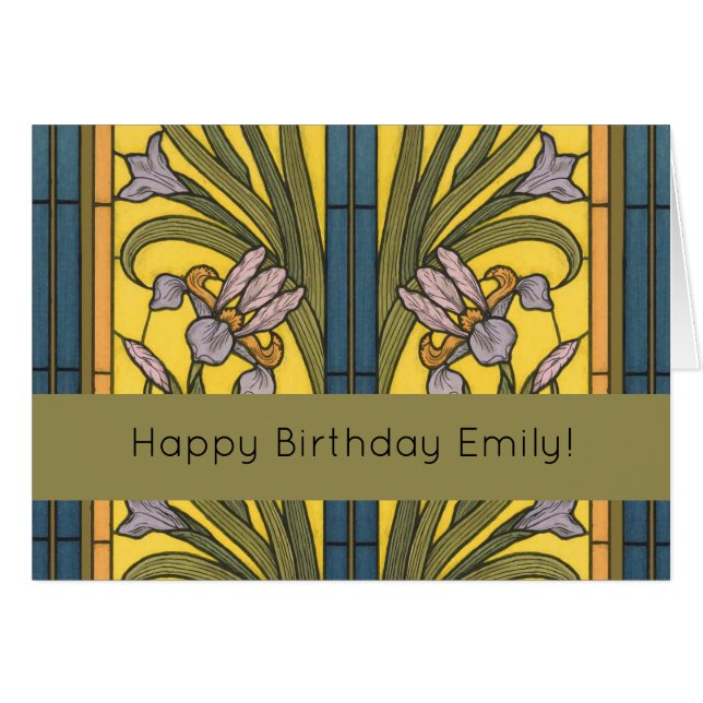 Iris Flower Art Nouveau Stained Glass Blue Gold (Front Horizontal)