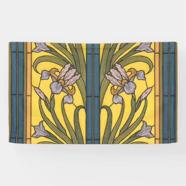 Iris Flower Art Nouveau Stained Glass Blue Gold Banner (Horizontal)